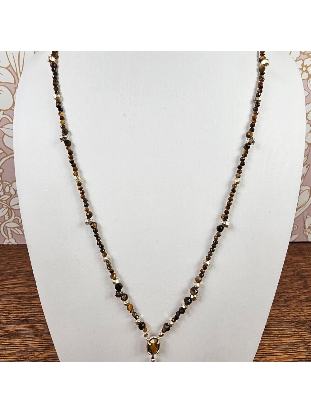 Kendra Scott Tiger Eye Beaded Y Necklace Gold Tone Station Pendant 20 Inch - Picture 2 of 9